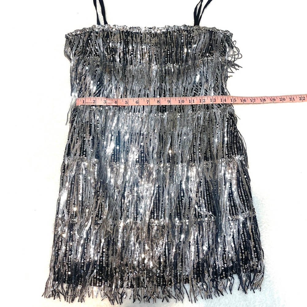Day + Moon‎ Silver Sequin Layer Fringe Flapper Costume Party Dress Women's Small - Picture 13 of 15